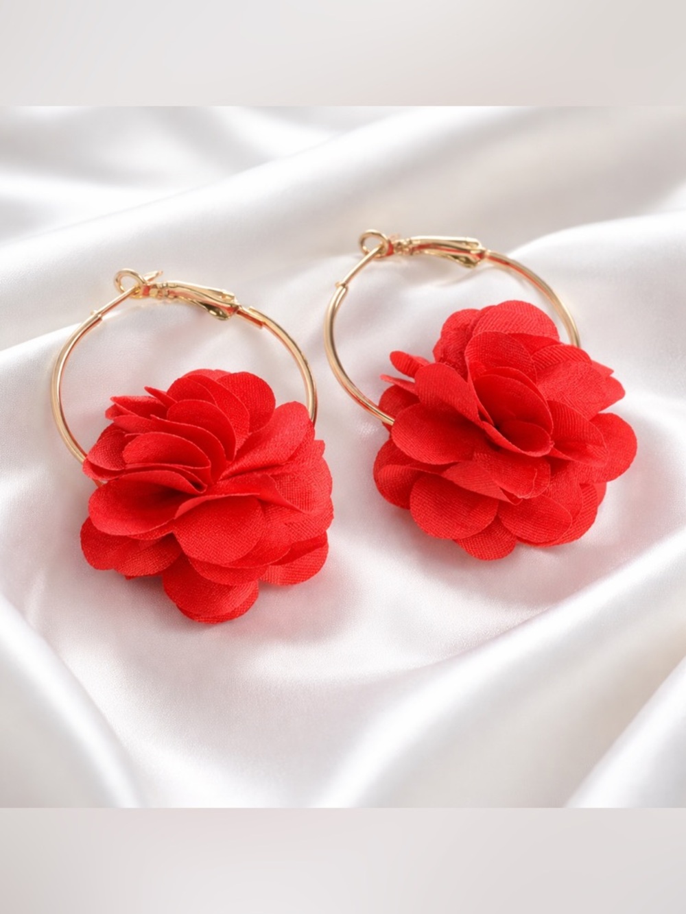 Red Chiffon Flower Hoop Earrings